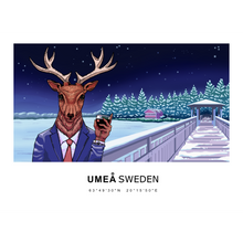 Load image into Gallery viewer, Digital artwork of a deer drinking wine in front of the Kinabron by Nydalasjön