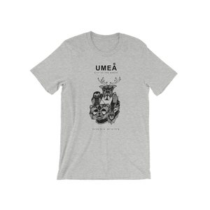 Grey t-shirt with the Umeå design with northern Swedish animals.