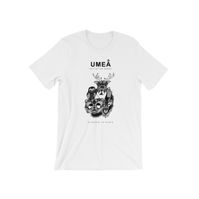 White t-shirt with the Umeå design with northern Swedish animals.