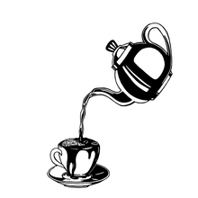 Load image into Gallery viewer, Cup of coffee overflowing while more is being poured from an old fashioned ceramic coffee pot. Original artwork by Jonn Designs