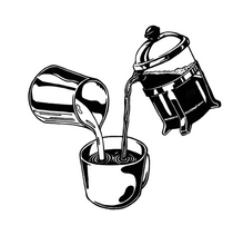 Load image into Gallery viewer, Hot coffee poured down from a French press, combined with cold milk from a metallic canister. Original artwork by Jonn Designs