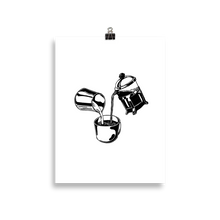 Load image into Gallery viewer, Poster of hot coffee poured down from a French press, combined with cold milk from a metallic canister. Original artwork by Jonn Designs