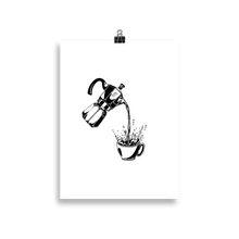 Load image into Gallery viewer, Poster of way too much coffee being poured from a moka pot. Original artwork by Jonn Designs