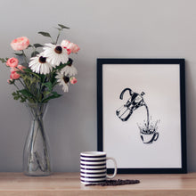 Load image into Gallery viewer, Framed poster of too much coffee being poured from a moka pot