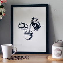 Load image into Gallery viewer, Framed poster of a French press and a can of milk