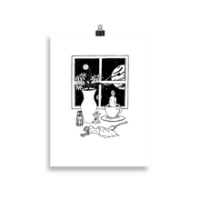 Load image into Gallery viewer, Poster with an abstract print of a man in a coffee cup and woman lying under a napkin. Original artwork by Jonn Designs.
