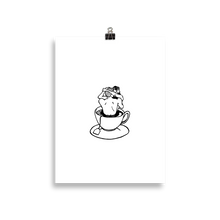 Load image into Gallery viewer, Poster with lovers embracing each other in a steamy cup of tea. Original artwork by Jonn Designs.