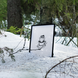 Poster of lovers embracing each other in a steamy cup of tea, located in a snowy forest in Umeå. 