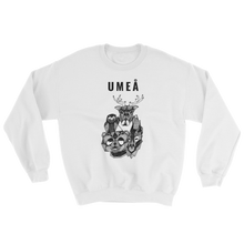 Load image into Gallery viewer, White sweater with the Umeå design of a reindeer, an owl, a bear and a wolf gathered around Nydala lake. Original artwork by Jonn Designs.