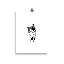 Load image into Gallery viewer, Poster of a woman embracing a large bottle of wine. Original artwork by Jonn Designs.