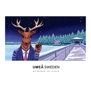 Digital artwork of a deer drinking wine in front of the Kinabron by Nydalasjön