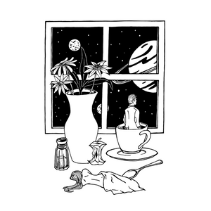 Man standing in a cup of coffee staring at the universe while a woman sleeps