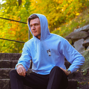 Male model wearing a blue hoodie