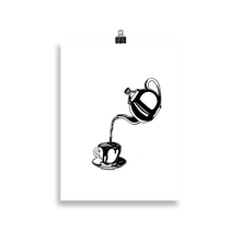 Load image into Gallery viewer, Poster of a cup of coffee overflowing while more is being poured from an old fashioned ceramic coffee pot.