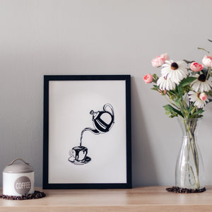 Framed poster of a coffee pot pouring coffee