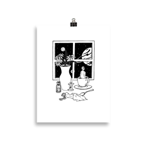 Poster with an abstract print of a man in a coffee cup and woman lying under a napkin. Original artwork by Jonn Designs.