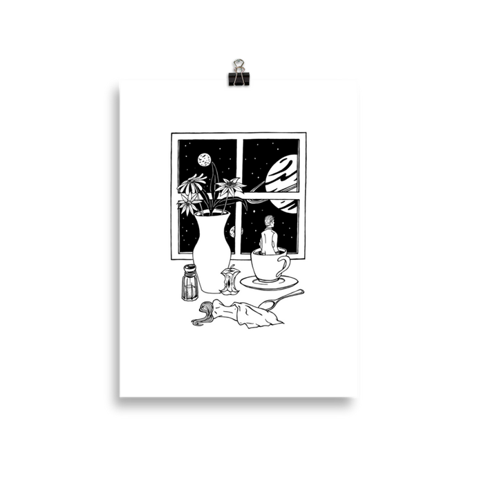 Poster with an abstract print of a man in a coffee cup and woman lying under a napkin. Original artwork by Jonn Designs.