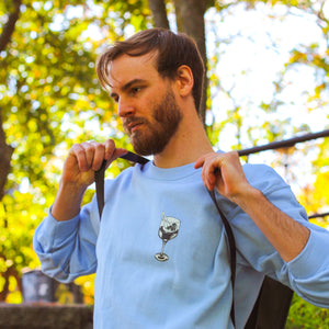 Male model wearing a blue sweater