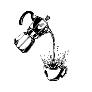 Way too much coffee being poured from a moka pot. Original artwork by Jonn Designs