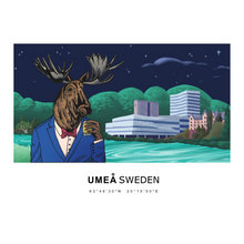 Load image into Gallery viewer, Digital artwork of a moose in Umeå, Sweden, in front of the Ume älv