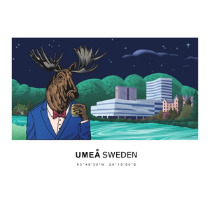 Digital artwork of a moose in Umeå, Sweden, in front of the Ume älv