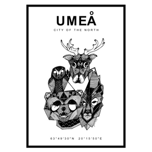 Umeå drawing with drawings of Northern Swedish animals.