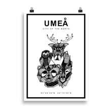 Load image into Gallery viewer, Umeå poster with coordinates and drawings of Northern Swedish animals.
