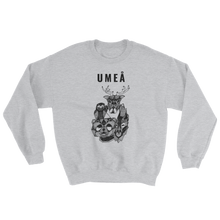 Load image into Gallery viewer, Grey sweater with the Umeå design of a reindeer, an owl, a bear and a wolf gathered around Nydala lake.