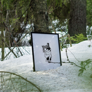Poster of a woman embracing a large bottle of wine, located in a snowy Swedish forest.